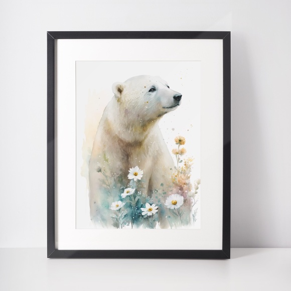 Floral Polar Bear Watercolor Wall Art Illustration Print Poster Unframed - Picture 3 of 8
